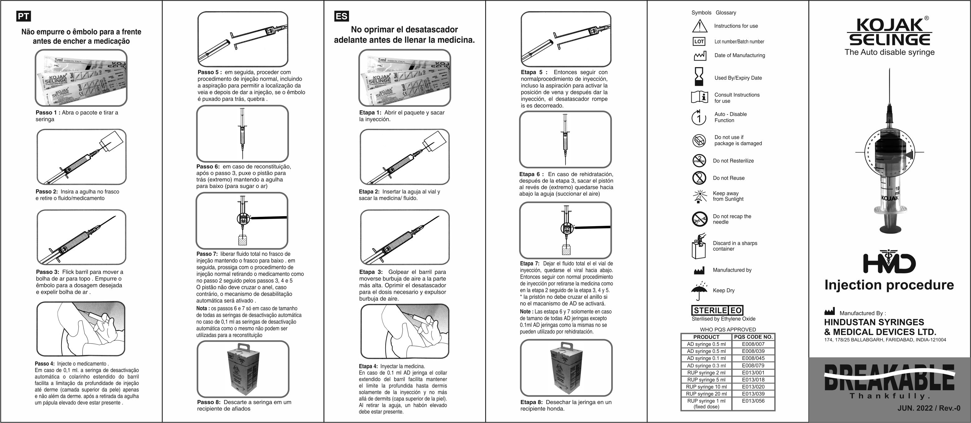 Safe and Sterile Kojak Selinge Auto-Disable Syringes for Medical
