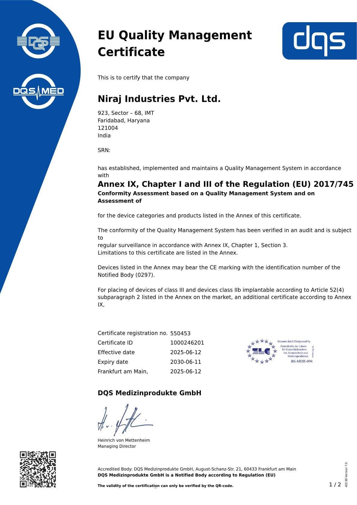 EU Quality management certificate
